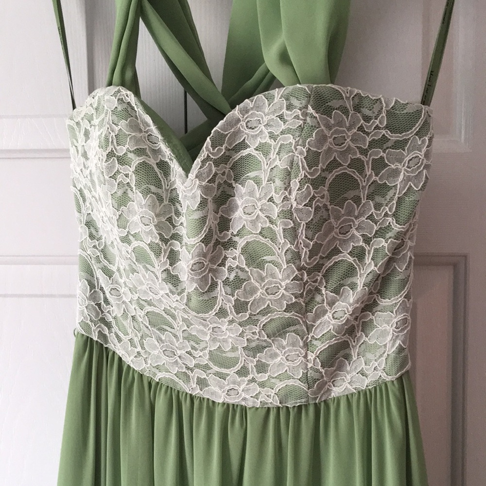 Beautiful green lace formal dress with custom straps